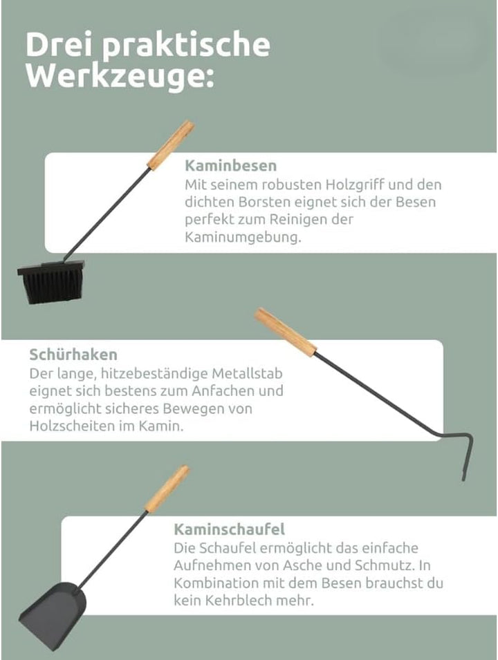 Kaminbesteck modern IGOR | 5-teilig mit Holzgriff | Schürhaken Besen Ascheschaufel | Kamingarnitur A