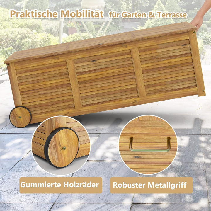 GIANTEX Auflagenbox Kissenbox Akazien Holz 182L, Gartenbox Aufbewahrungsbox mit Rollen, Kissentruhe