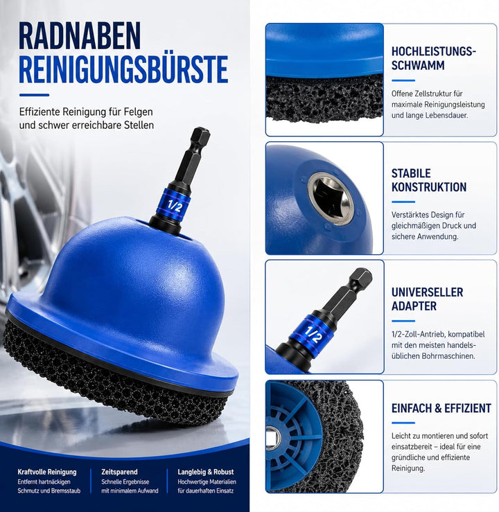 Radnaben Bürste für Auto, Innen-Ø 90mm Aussen-Ø 150mm, 2 Stück Schleifrad mit 1/2 Zoll Vierkantantri