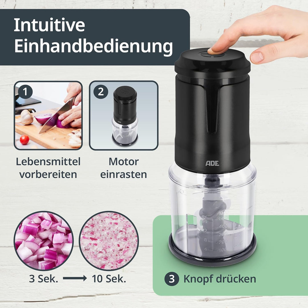 ADE Zerkleinerer Küche elektrisch | Zwiebel Zerkleinerer | Food Processor mit 4 scharfen Edelstahlkl