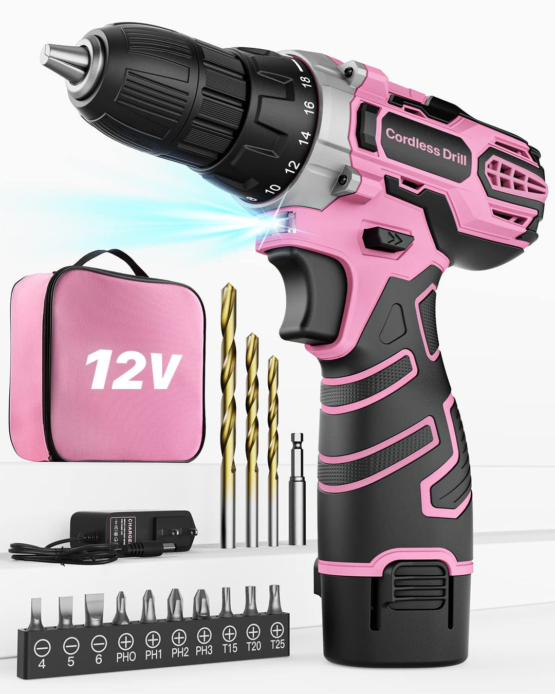 Akkuschrauber 12V Pink Rosa, Akkubohrer Klein, Akku Bohrschrauber Set mit 15 Zubehör und Tasche, 18+