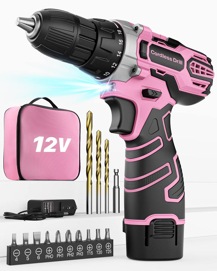 Akkuschrauber 12V Pink Rosa, Akkubohrer Klein, Akku Bohrschrauber Set mit 15 Zubehör und Tasche, 18+