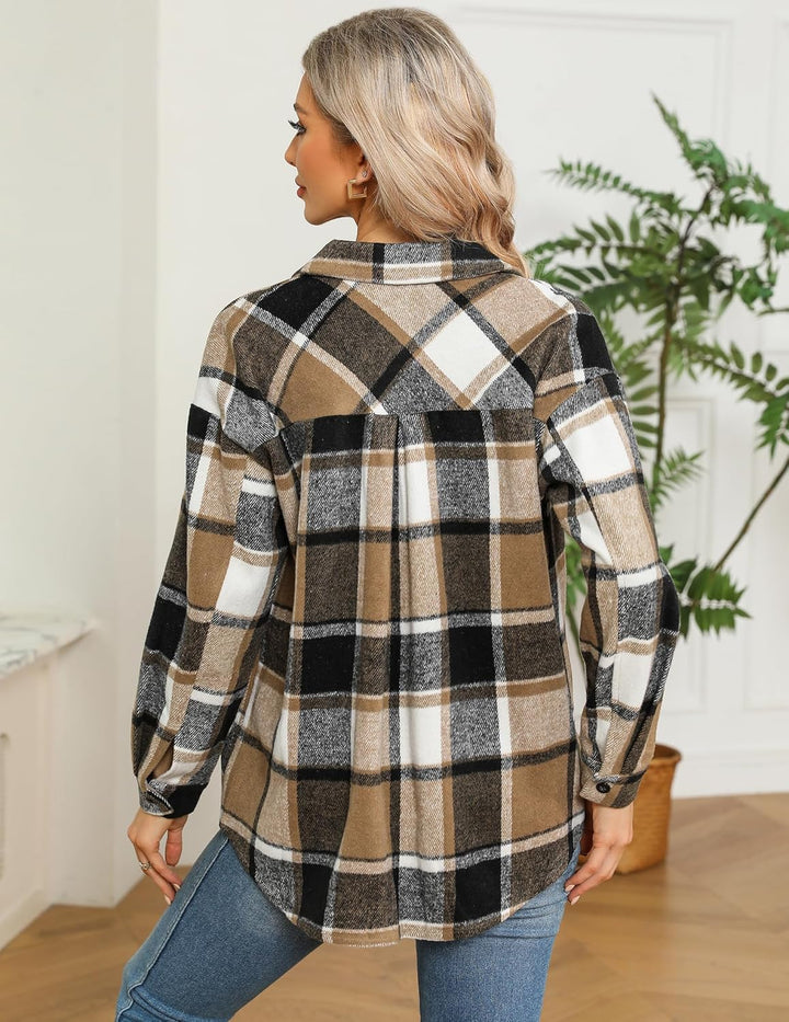 Zeagoo Damen Hemdjacke Karierte Jacke Langarm Shacket Mantel Flanell Jacke Hemdbluse mit Knöpfen Bra