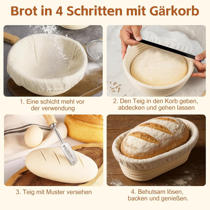 2er-Set Gärkorb Set, Gärkörbchen Rund 23cm & Oval 25cm, Gärfolie für Brot, Bäckermesser, Teigschaber