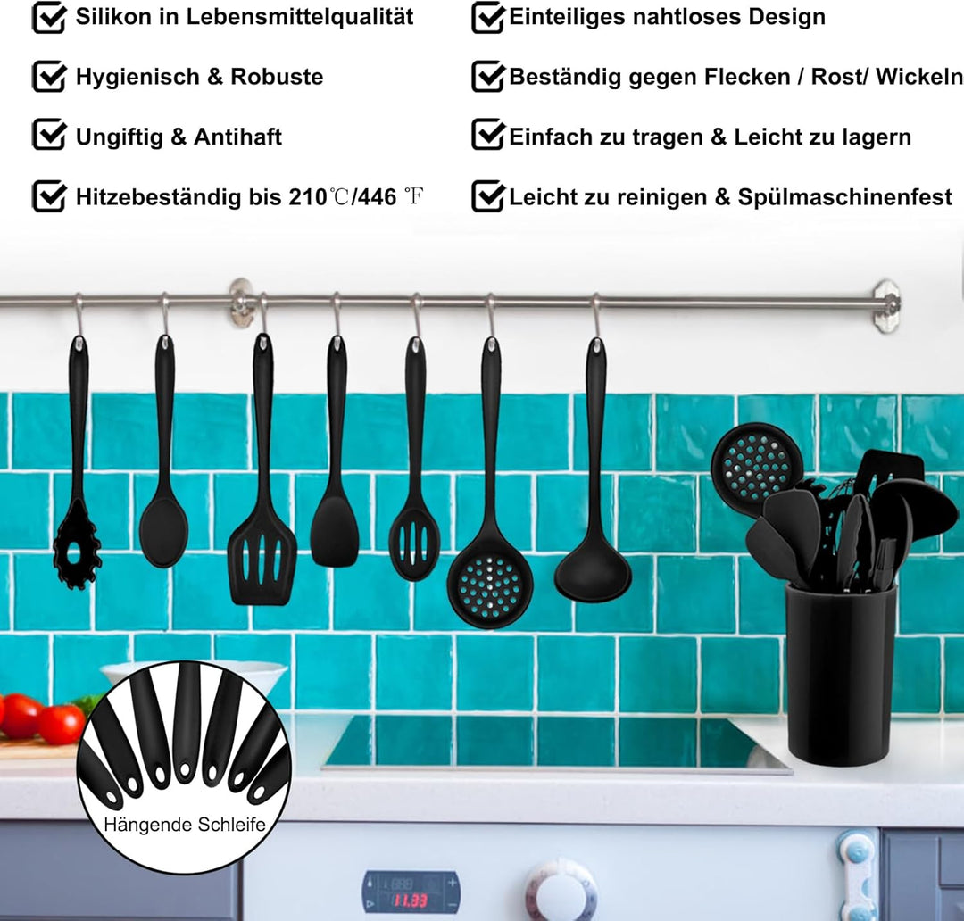 Homikit Silikon Küchenhelfer Set, 12 Stück Schwarz Kochutensilien | Hitzebeständiger Kochgeschirr, K