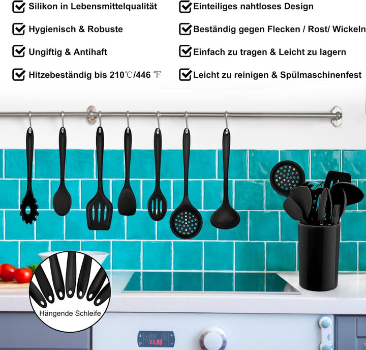 Homikit Silikon Küchenhelfer Set, 12 Stück Schwarz Kochutensilien | Hitzebeständiger Kochgeschirr, K