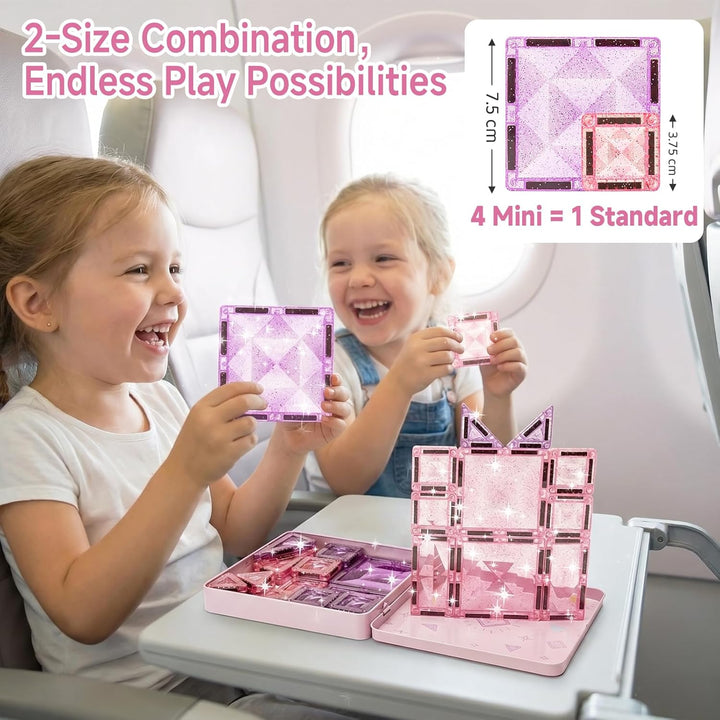 burgkidz Magnetische Bausteine Reisespielzeug für Mädchen: 42 Teile Glitzer Diamant Magnetische Tile