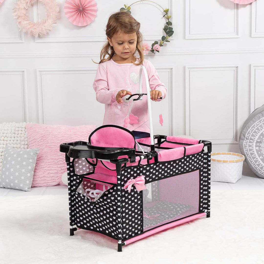 Bayer Design 62660AA Puppenbett mit Schrank, Sitz, Mobile, Ablage, Bettdecke, Kissen, schwarz, rosa,