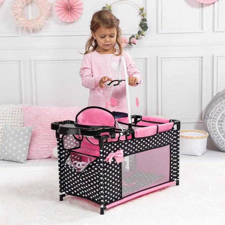 Bayer Design 62660AA Puppenbett mit Schrank, Sitz, Mobile, Ablage, Bettdecke, Kissen, schwarz, rosa,