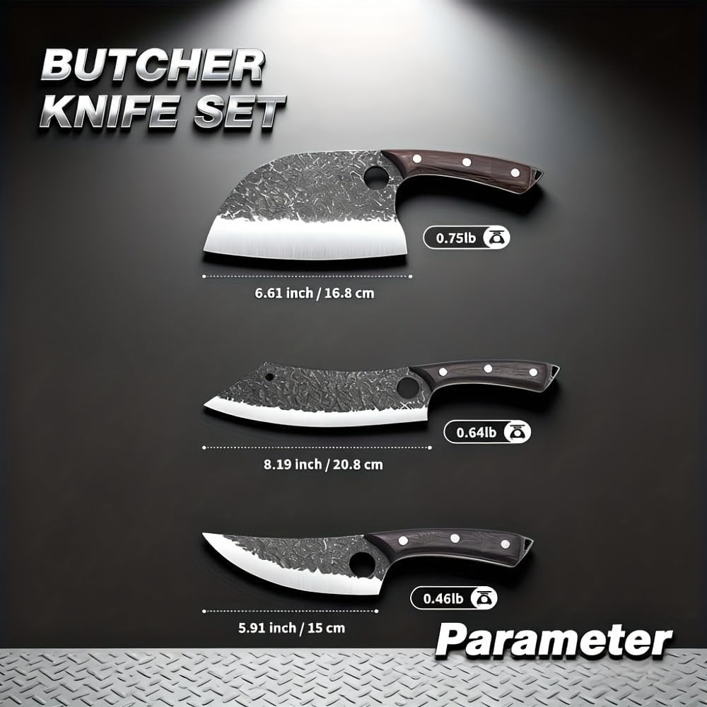 3-Piece Hand-Forged Kitchen Knife Set with Leather Sheaths - Sharp Chef, Cleaver &amp; Boning Knives for