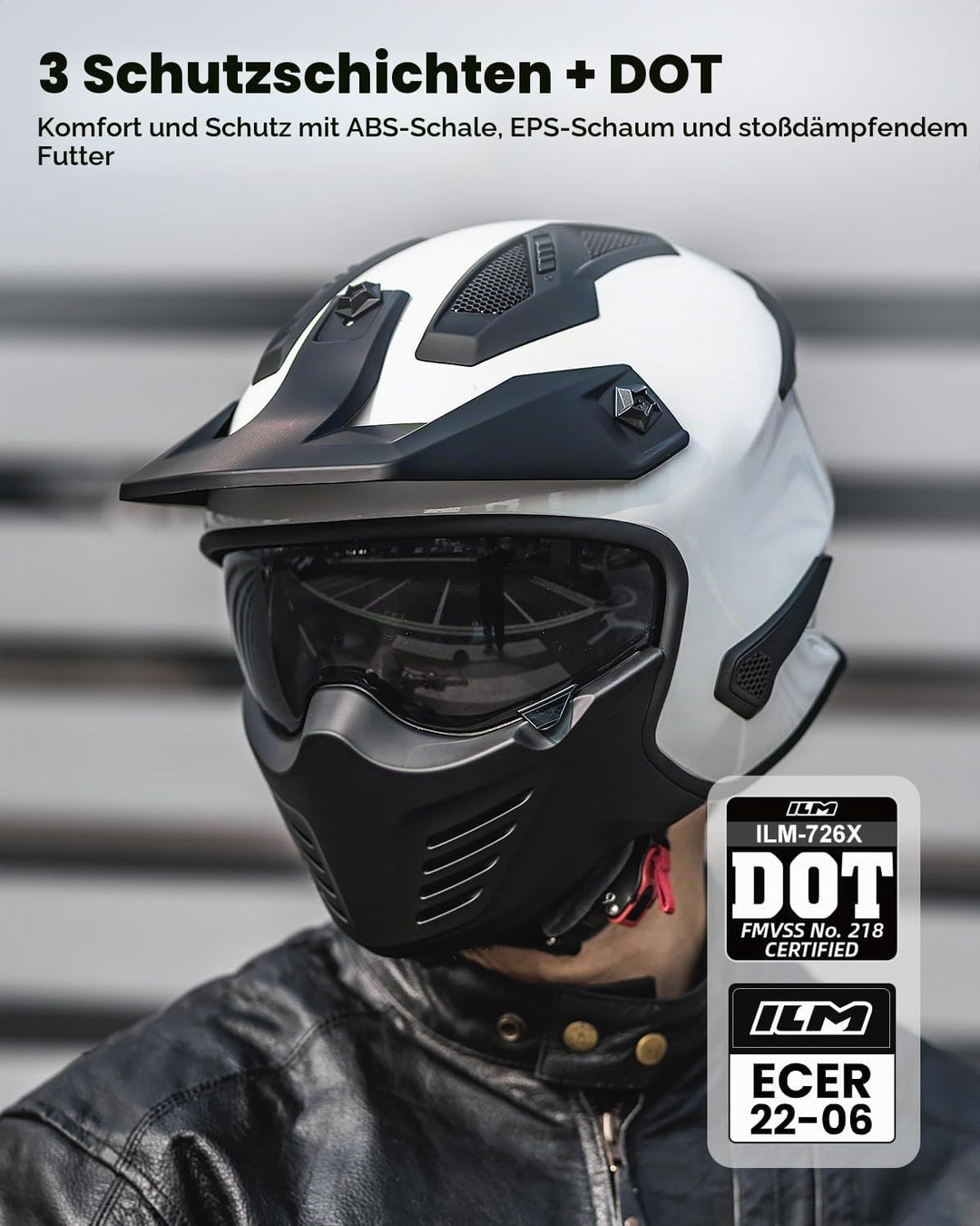 ILM Helm Motorrad Integralhelm Motocross Herren Damen Vintage Retro mit Visier ECE Model 726X L Weis