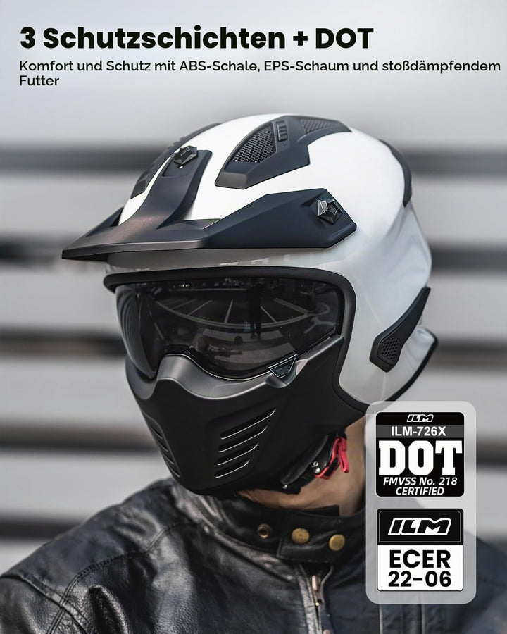 ILM Helm Motorrad Integralhelm Motocross Herren Damen Vintage Retro mit Visier ECE Model 726X L Weis