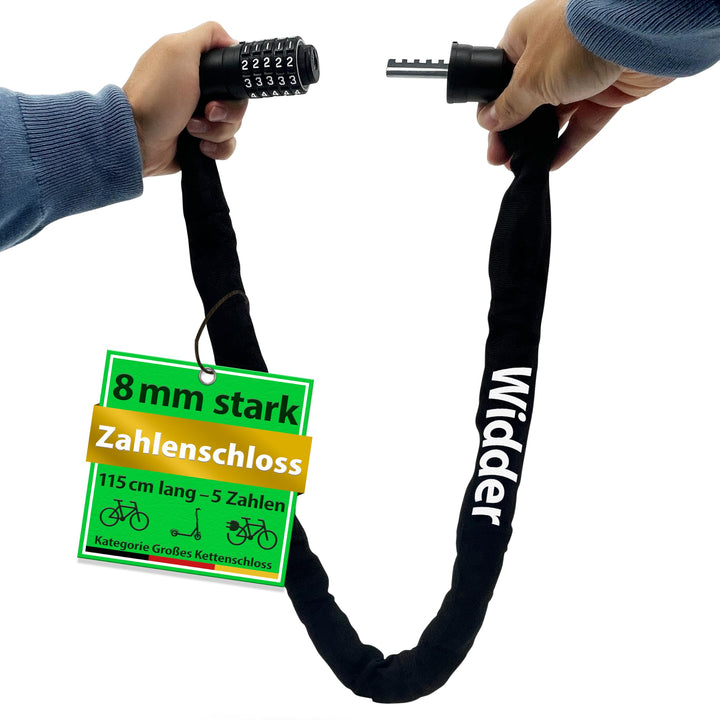 WIDDER Sicheres 8mm Kettenschloss mit Zahlencode (120cm lang, extra-grosse Zahlenräder, gehärtete St