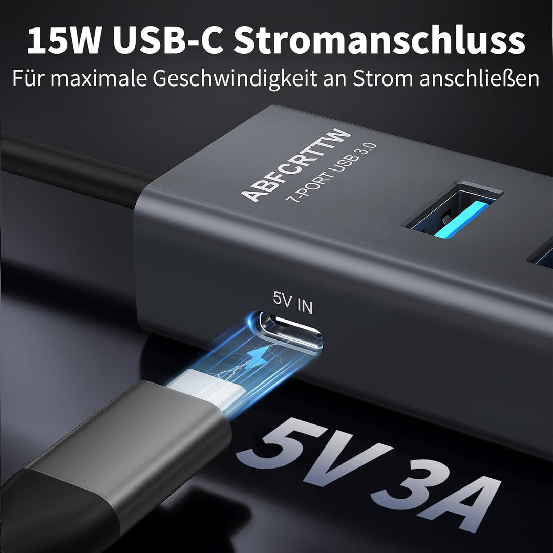 7-Port USB Hub 3.0 mit 180cm Kabel für Desktop, Aluminium USB Verteiler 5Gbps Multiport Adapter mit