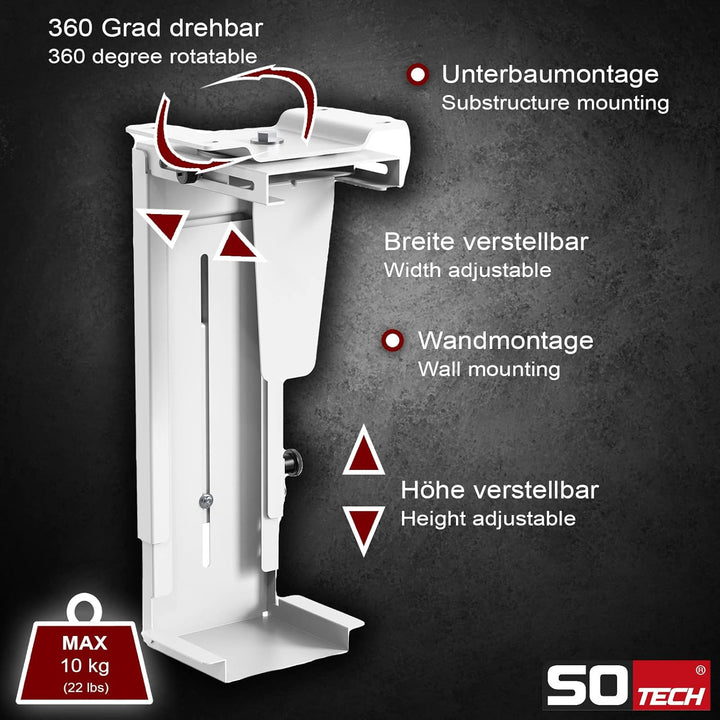 SOTECH PC-Halter I mit 360-Grad-Drehung (Höhenverstellung 285–516 mm, Breitenverstellung 88–203 mm,