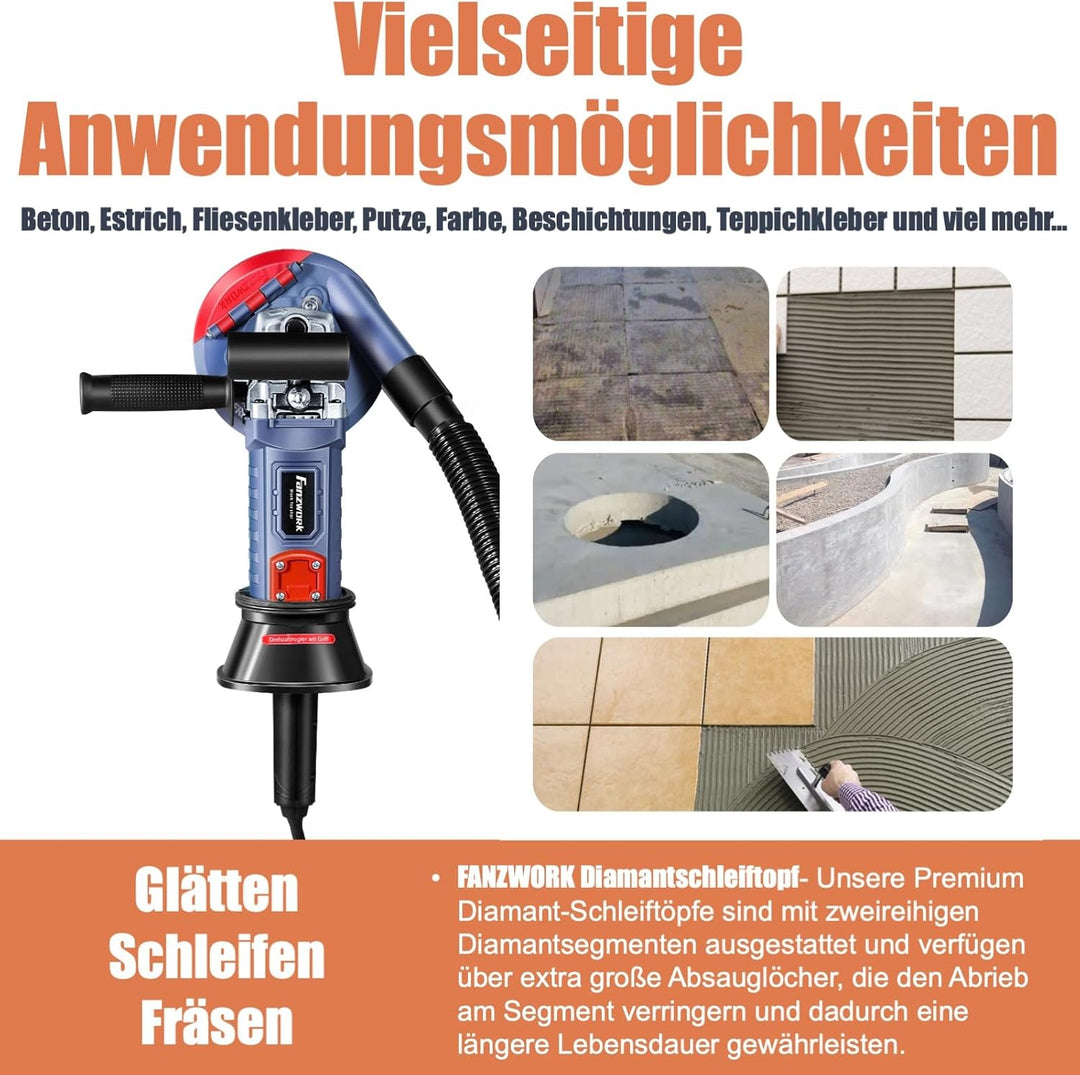 FANZWORK 1500W Betonschleifer Betonfräse Set, Drehzahlregelbar, inkl. Premium 125mm Diamantschleifto