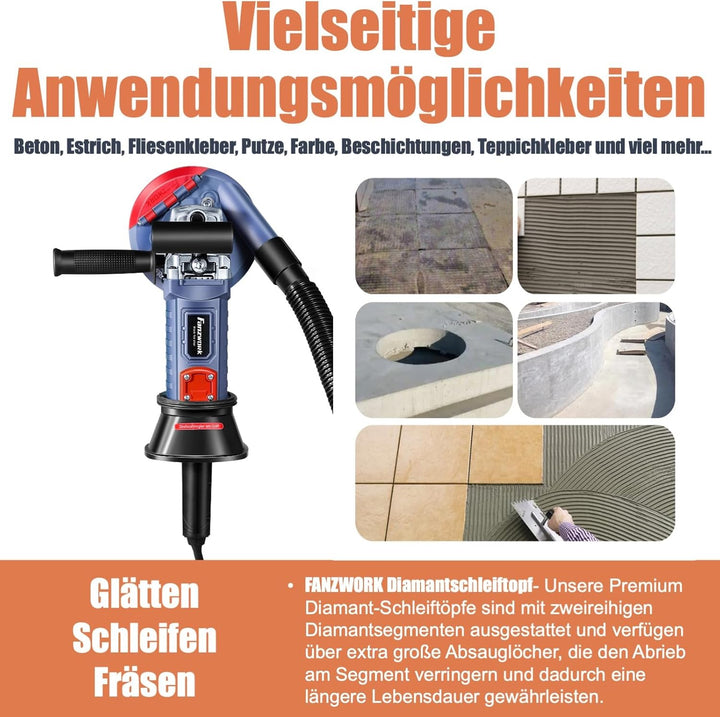 FANZWORK 1500W Betonschleifer Betonfräse Set, Drehzahlregelbar, inkl. Premium 125mm Diamantschleifto