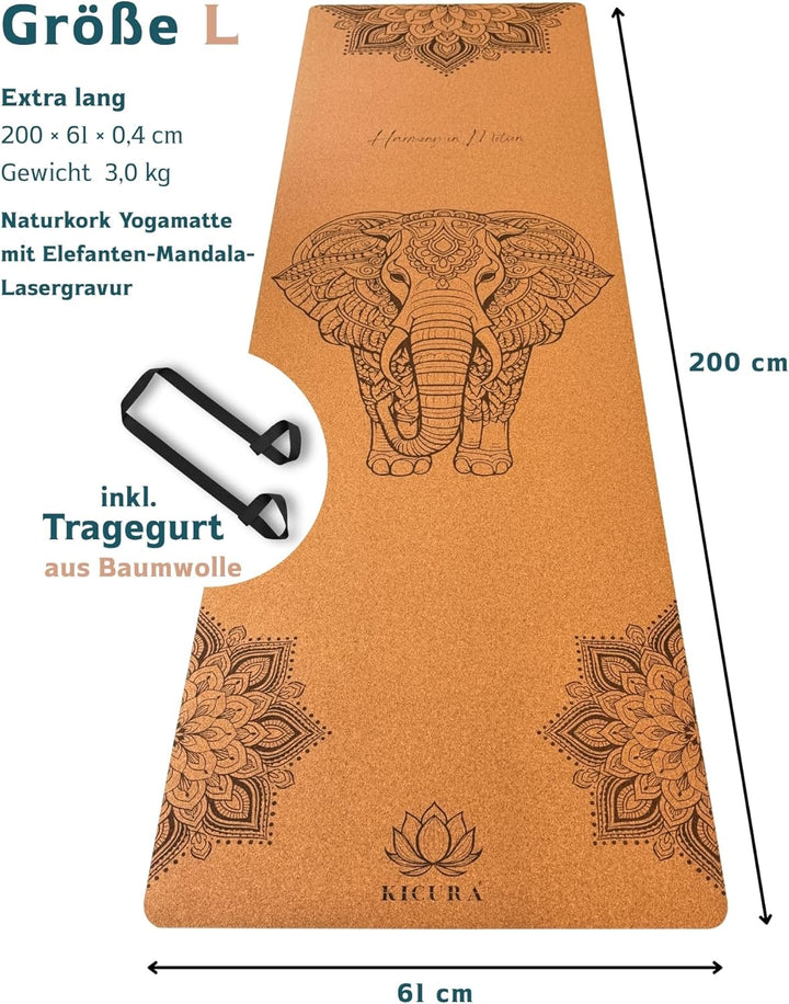 Yoga-Matte aus Kork & Naturkautschuk mit Elefanten-Mandala – rutschfeste Premium-Matte, 4 mm dick, m
