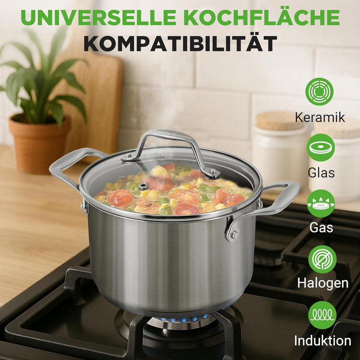 NutriChef Edelstahl Kochtopf, 3L - Ø 20 cm Suppentopf Induktion mit Glasdeckel, für alle Herdarten G