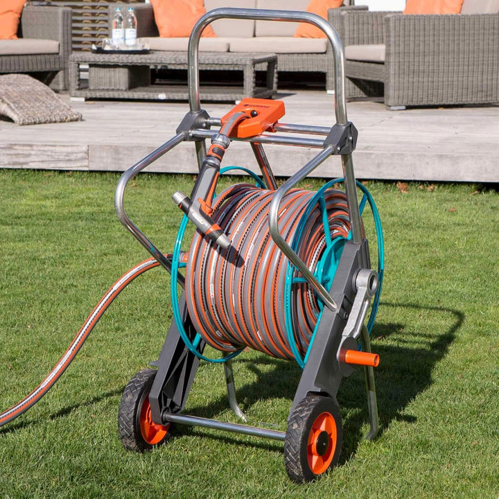 Gardena Metall Schlauchwagen 100: stabile, beschichtete Schlauchtrommel & 50m Comfort HighFLEX Schla