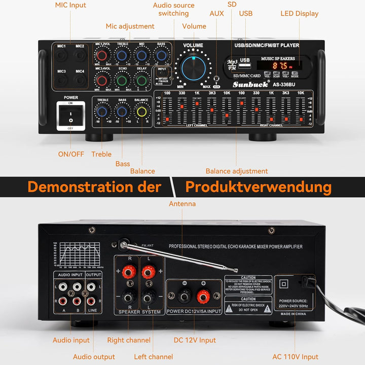 Areyourshop Hifi Verstärker Stereo pa endstufe mit Bluetooth 5.0 2000W Audio Receiver Karaoke FM USB