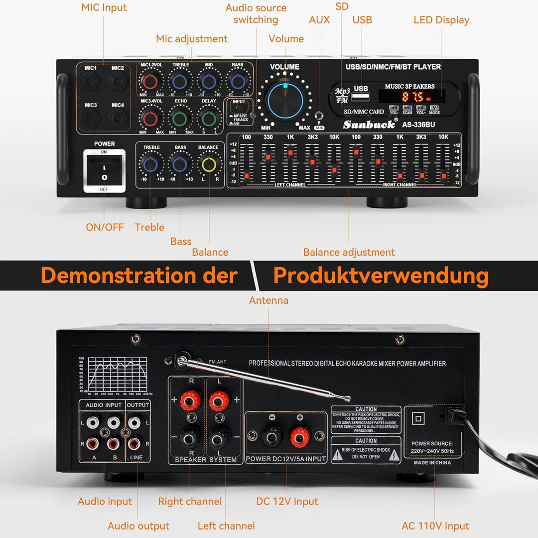 Areyourshop Hifi Verstärker Stereo pa endstufe mit Bluetooth 5.0 2000W Audio Receiver Karaoke FM USB