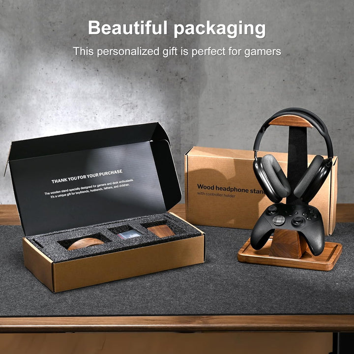 UPERGO Headset Stand with Gaming Controller Holder, Walnut Wood Headphone Stand with Storage Base, G