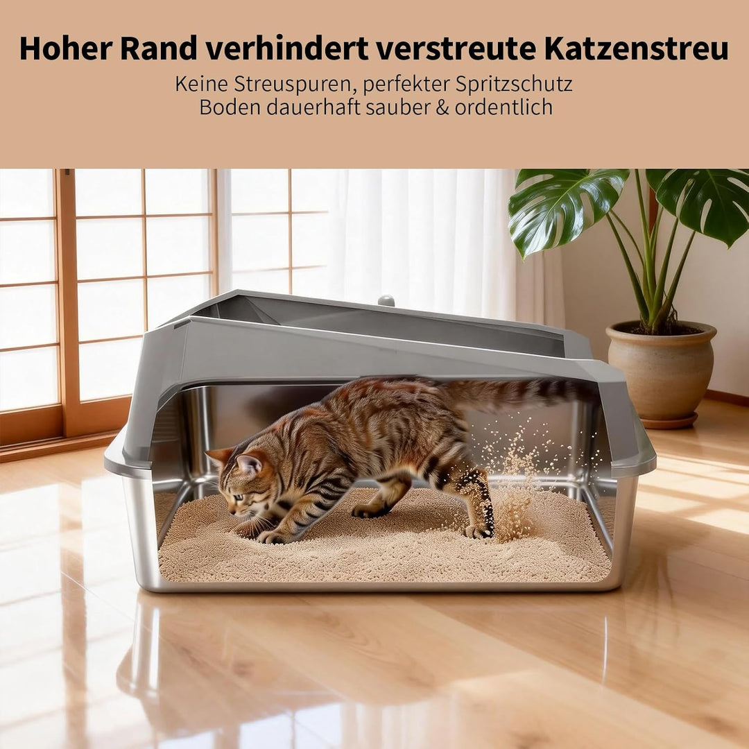 Edelstahl Katzentoilette mit Deckel, Hohe Wände, Grosse Katzen | Mehrkatzenhaushalte, Auslaufsicher,