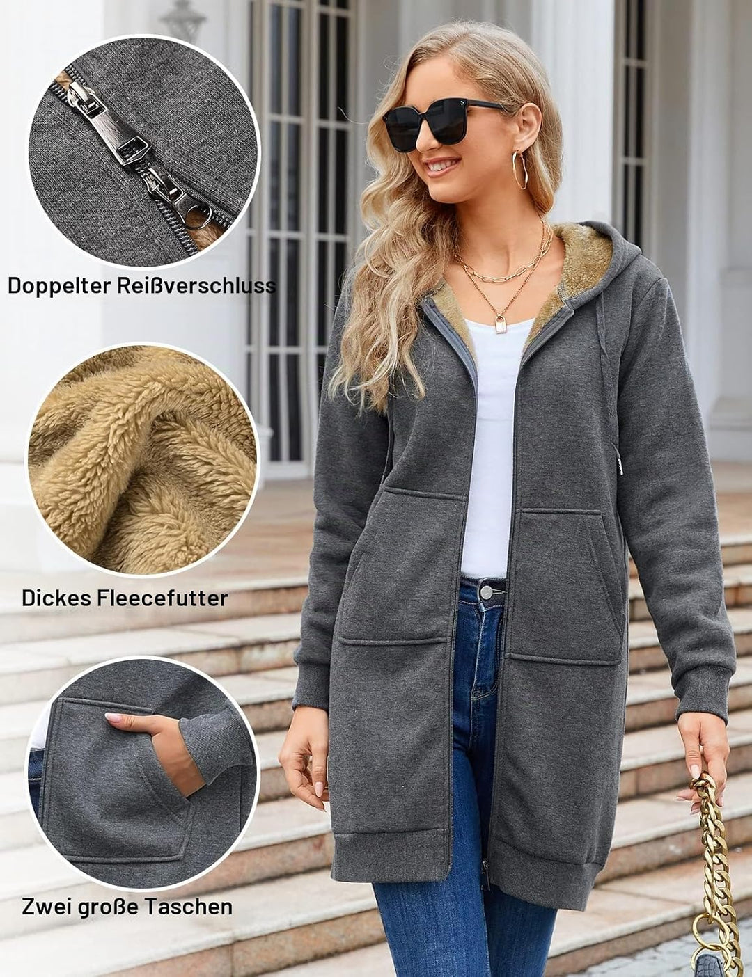 Nadeer Damen Mantel Plüschjacke mit Kapuze Lang Gefüttert Hoodies Plüsch Reissverschluss Mittellang