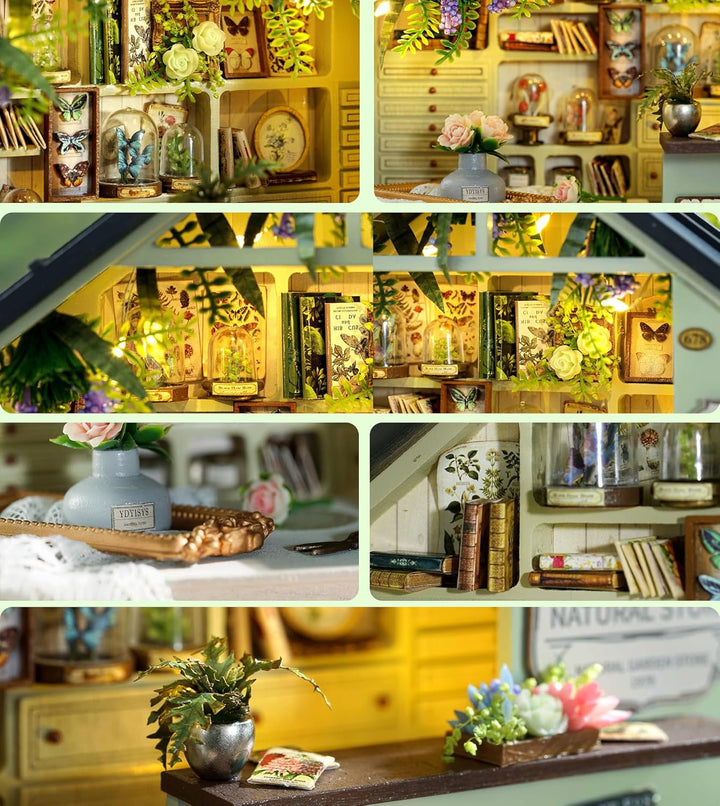Spilay DIY Miniature House, Mini Handgefertigte Grünes Pflanzenstudio Kit Mit LED-Licht, Schutzhülle