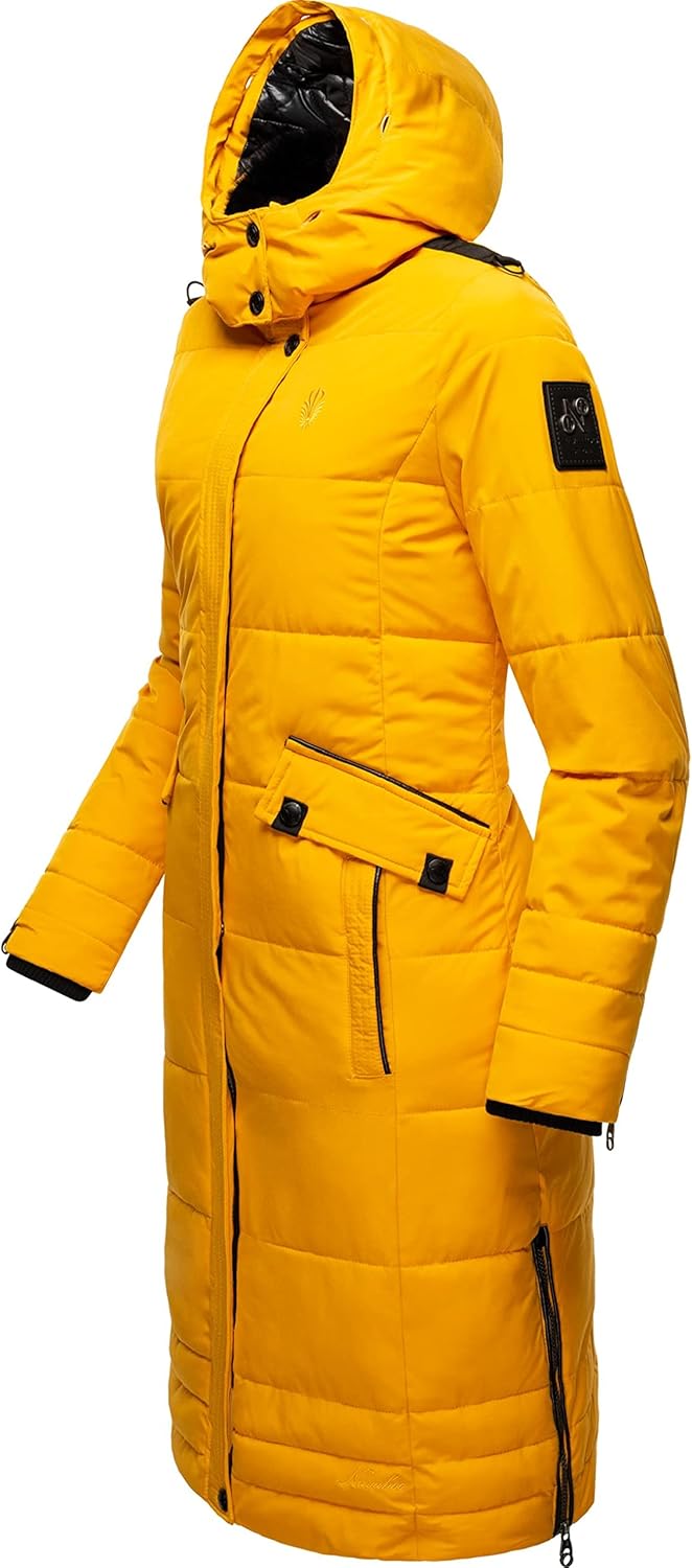 Navahoo Damen Wintermantel Warmer Steppmantel lang mit Abnehmbarer Kapuze Fahmiyaa XS-3XL XS Gelb, X
