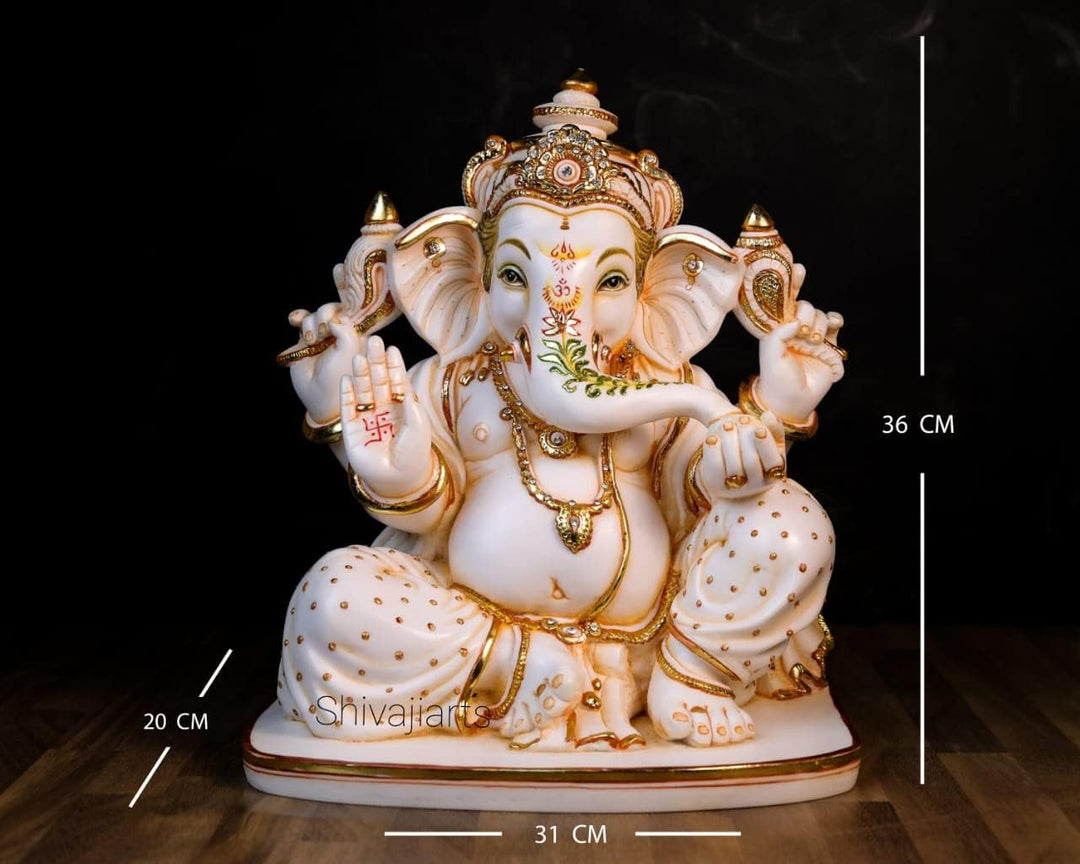 SHIVAJI ARTS Grosse Ganesha-Statue mit Gemälde, 36 cm, gross, handbemalt, Zuchtmarmor, Ganesha-Idol,
