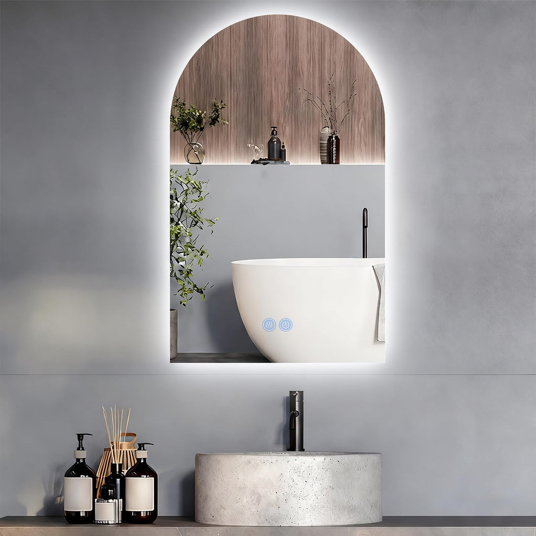 SANYCASA Bogenförmiger Touchspiegel 75x50 cm – LED Badezimmerspiegel mit Anti-Beschlag, 3 Farbtemper