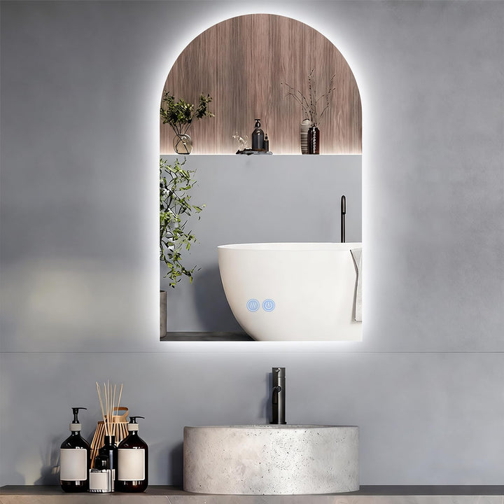 SANYCASA Bogenförmiger Touchspiegel 75x50 cm – LED Badezimmerspiegel mit Anti-Beschlag, 3 Farbtemper