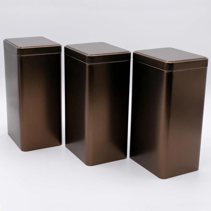 3 x eckige Kaffeedose/Teesdose, STAPELBAR, metallic kaffeebraun, aromadicht aus Metall für je 500g K