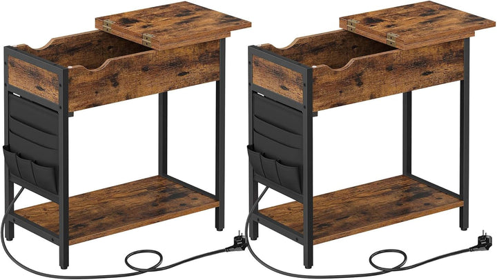 VASAGLE Beistelltisch, 2er Set, Nachttisch mit Steckdose, schmal, mit USB-Anschlüssen, Tasche, für W