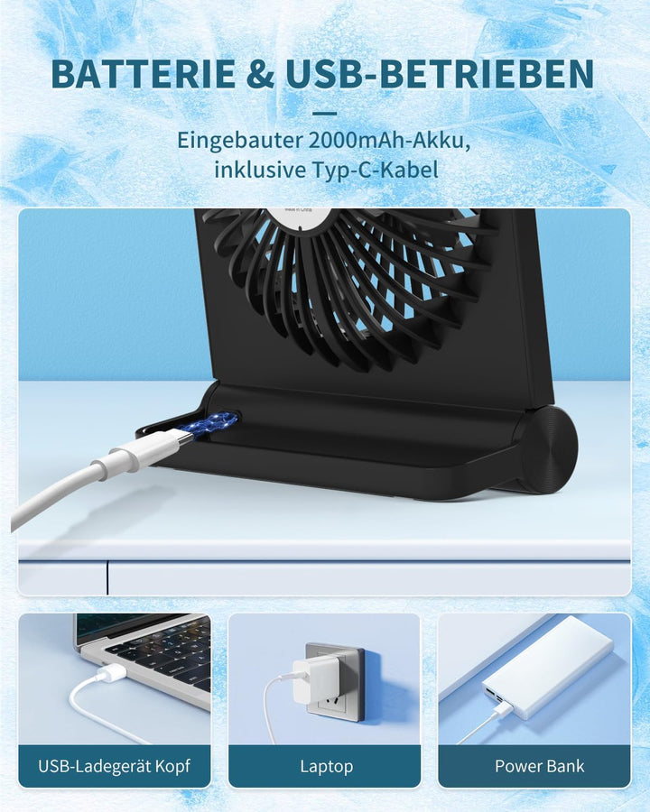 Kleiner Tischventilator, 2000mAh Tragbarer Wiederaufladbarer Ventilator, 3-Stufen-Variable, 220° Ein