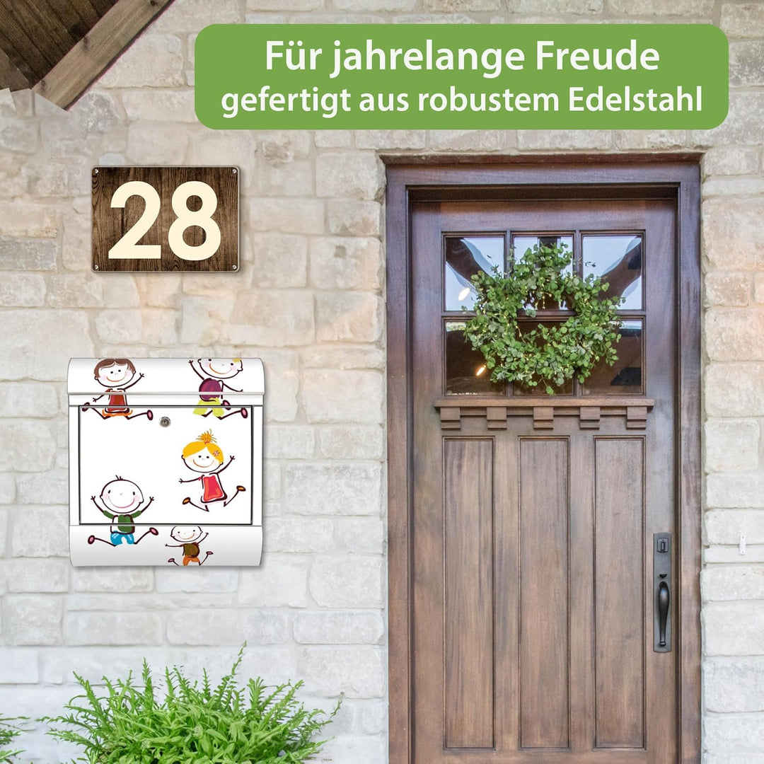 banjado® Briefkasten Edelstahl mit Motiv Happy Kids 38x43x12cm &amp; 2 Schlüssel - rostfreier Edelstahl