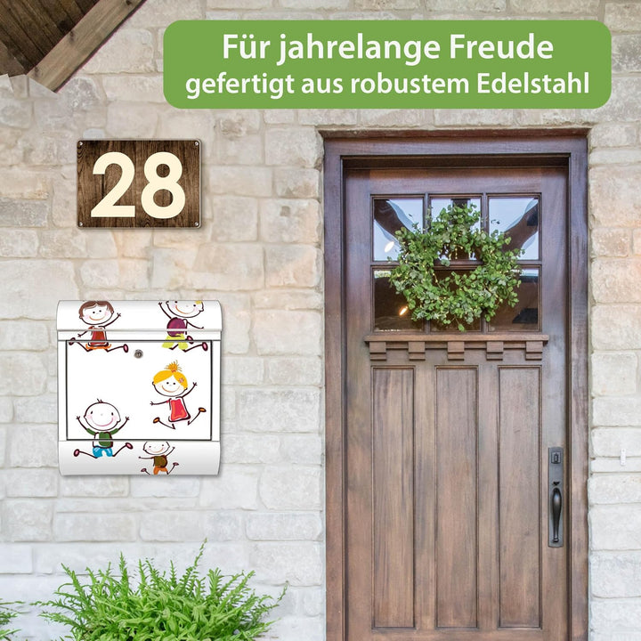 banjado® Briefkasten Edelstahl mit Motiv Happy Kids 38x43x12cm &amp; 2 Schlüssel - rostfreier Edelstahl