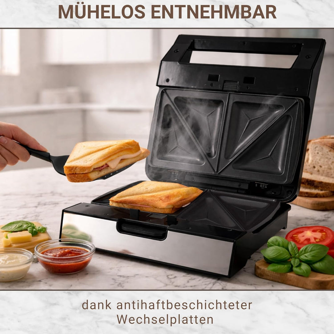 Syntrox Sandwich Maker mit Wechselplatten, Edelstahl, schnelles Aufheizen, Antihaftbeschichtet, vers