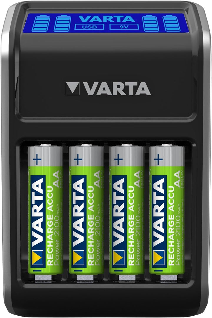 VARTA LCD Plug Ladegerät für AA/AAA/9V und USB-Geräte (inkl. 4x AA 2100 mAh) schwarz LCD Plug Ladege