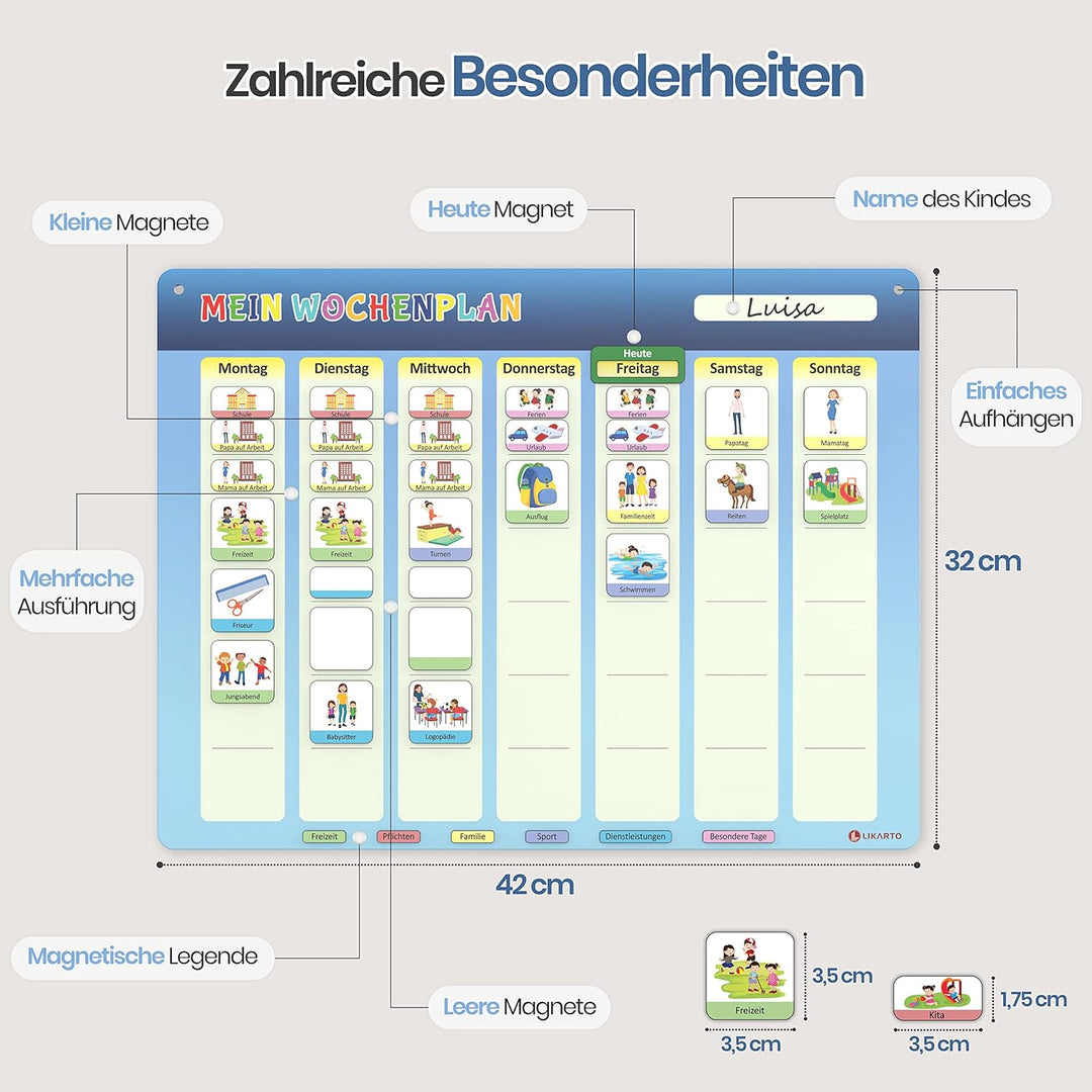 LIKARTO Wochenplaner für Kinder - Montessori Magnettafel inkl. 198 Magnete & Kordel - Komplett besch