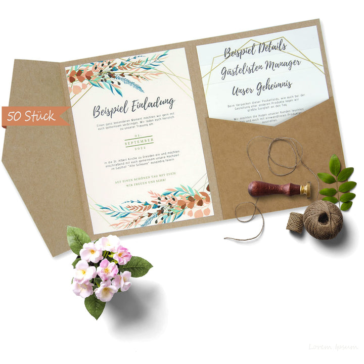 50 Stück Pocketfold Kraftpapier Hochzeitskarte blanko I 121 x 158 mm für DIN B6 Umschlag | 300 g/m²