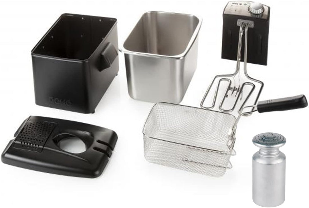 Grosse Kaltzonen Fritteuse Edelstahl in Schwarz, Sichtdeckel & Filter 3200Watt 4,5Ltr.