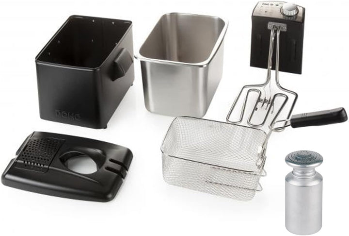Grosse Kaltzonen Fritteuse Edelstahl in Schwarz, Sichtdeckel & Filter 3200Watt 4,5Ltr.
