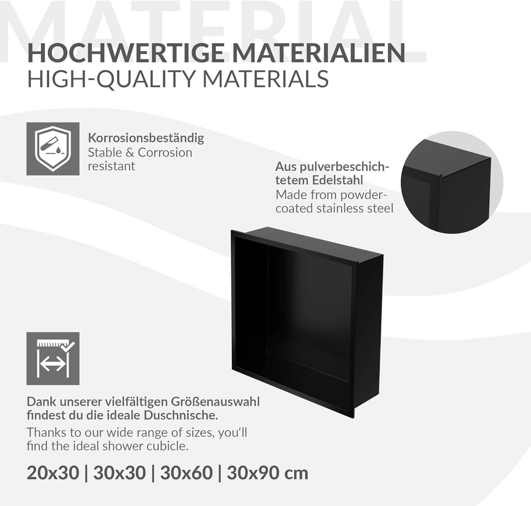 LuxeBath Wandnische aus Edelstahl, 30x30x10 cm, Schwarz, Duschnische mit Rahmen, Einbauregal, Flexib