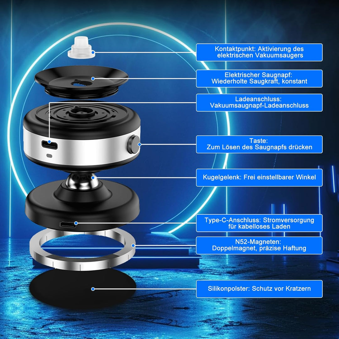 15W Wireless Charger Handyhalterung Auto – Magnetisch mit Elektrischem Vakuum-Saugfuss, 360° Kugelge