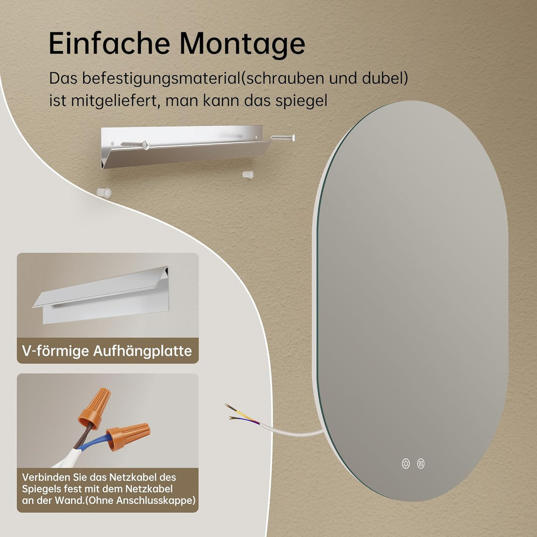 Spiegel mit Beleuchtung Oval LED Badspiegel 50 x 75 cm mit Touch-Schalter, Dimmbar 3 Lichtfarbe Eins