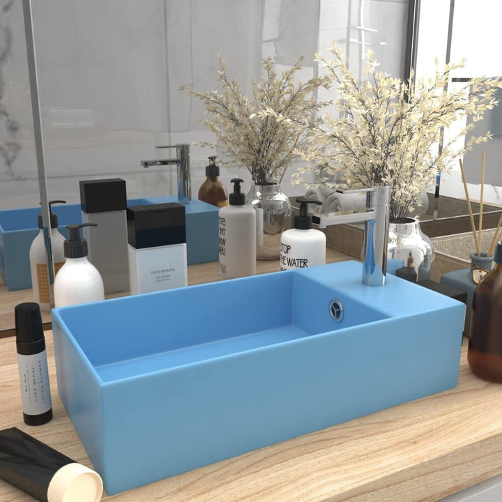 HOMIUSE Badezimmer-Waschbecken mit üBerlauf Keramik Hellblau Waschbecken Waschtisch Aufsatzwaschbeck