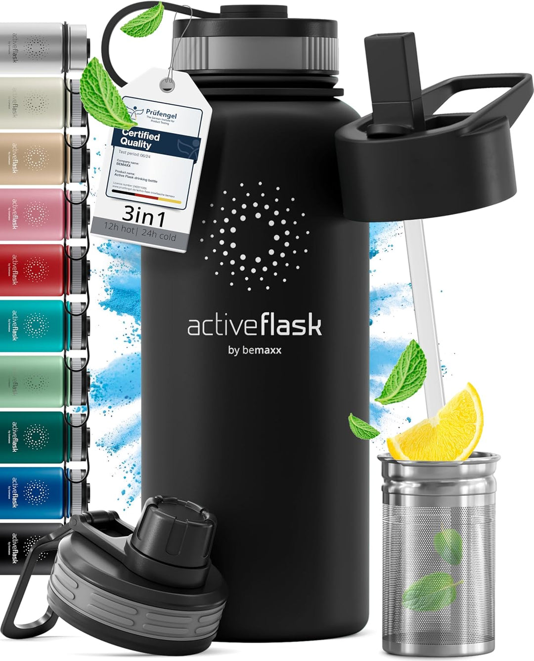 Trinkflasche Edelstahl ACTIVE FLASK + Strohhalm (3 Deckel) BPA-frei, Auslaufsicher, Kohlensäure geei